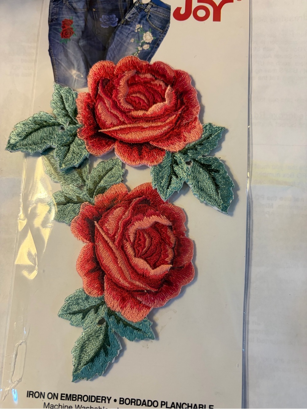 Joy Red Rose Iron-On Embroidered Appliqué Set of 2